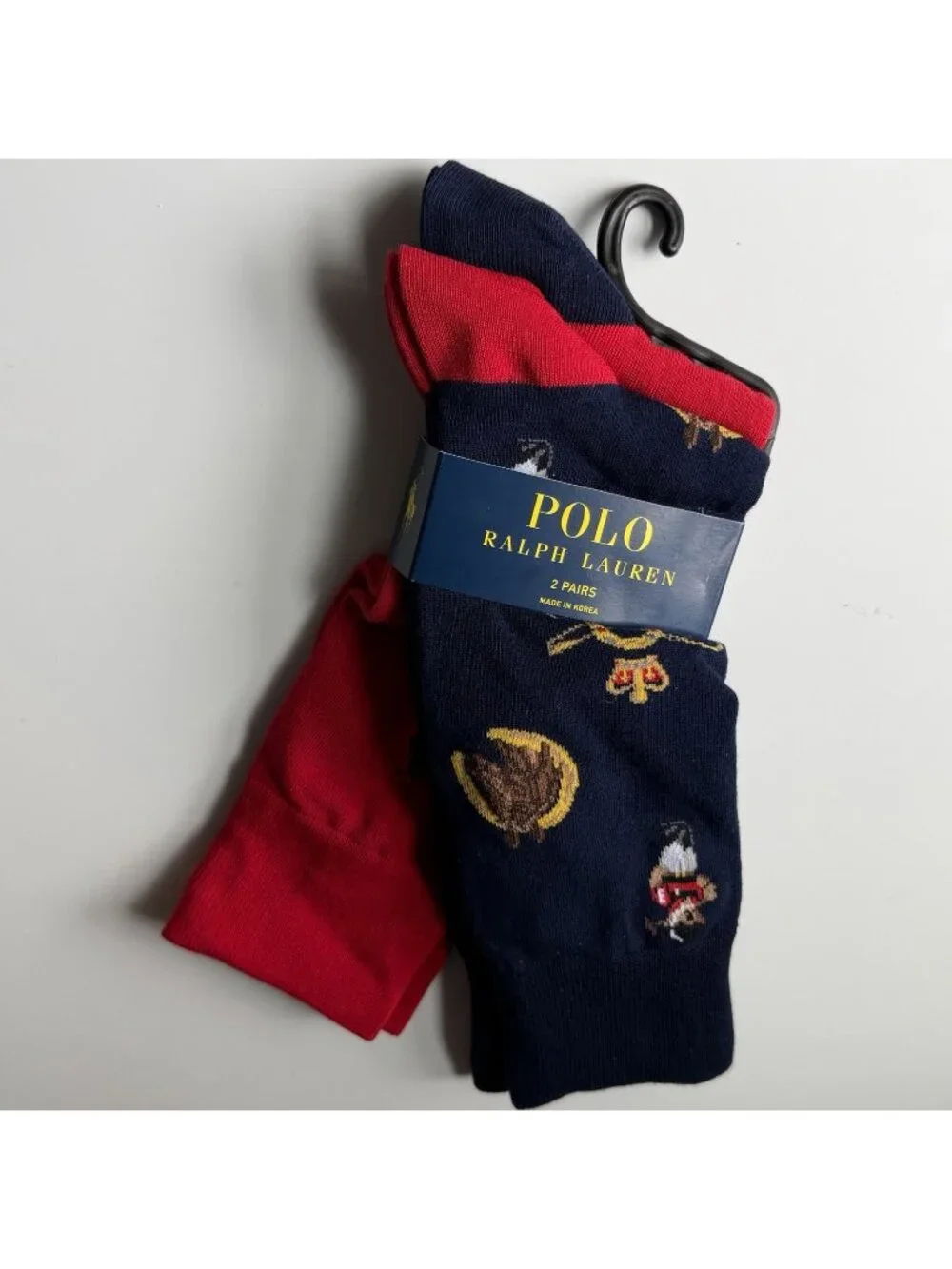 Polo Ralph Lauren Men's Sock 2 Pairs Bear Equestrian and Red Solid NWT